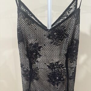 Black Sheer Lace Midi Dress Mesh Floral Slip Y2K 90s Goth High Low Hem Bias Sz S